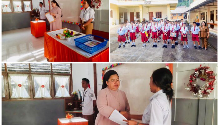Hari Pertama UAS, Suster Angela Kalalo Dsy Buka Naskah Soal di SD Katolik St. Agustinus Tahuna