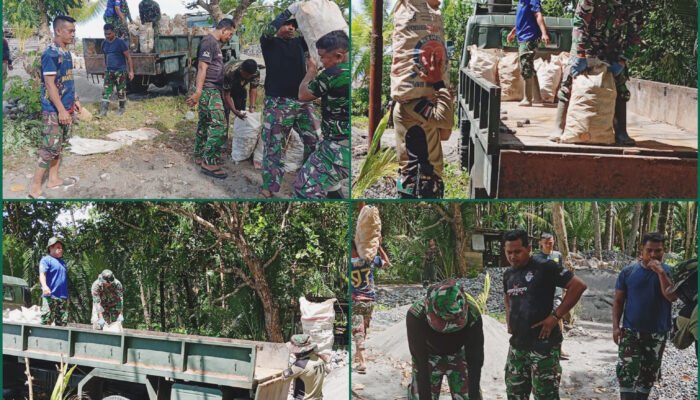 Hari Libur Tak Menghalangi, Satgas TMMD Tetap Angkut Batu Bangun Jalan Desa
