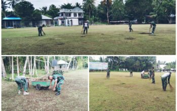 Anggota TMMD Kodim 1301/Sangihe Bersihkan Lapangan Naha Jelang Penutupan